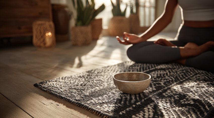 Detall d’un espai de meditació amb ambient de calma i presència conscient